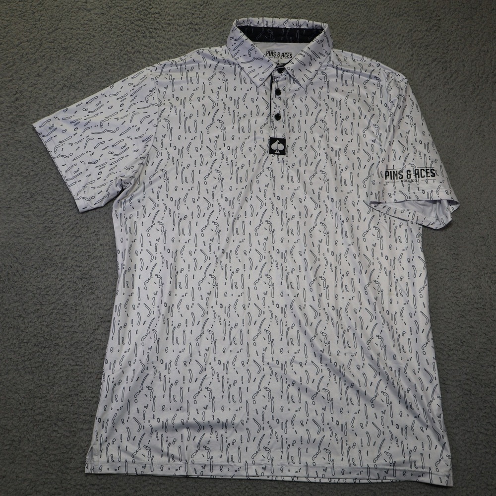 Pins & Aces Golf Co Mens XL White Black Abstract Performance Polo Shirt
